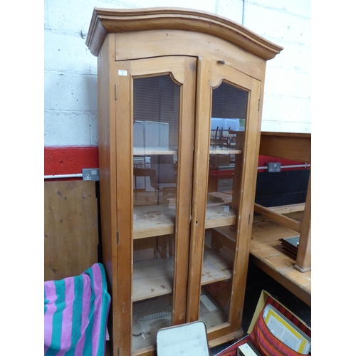 11 - Tall pine three shelf display cabinet NB. This lot is at our Peel Road store. READ THE SALE INFO