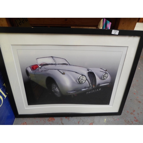 2 - Large framed poster of a Jaguar sports car NB. This lot is at our Peel Road store. READ THE SALE INF... 