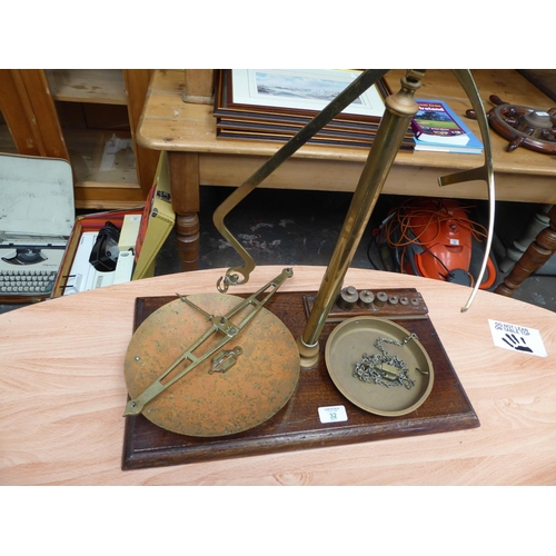 32 - Set of brass weighing scales plus weights NB. This lot is at our Peel Road store. READ THE SALE INFO