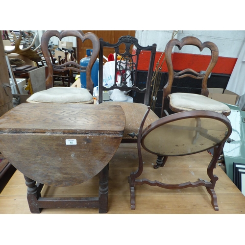 45 - Collection of furniture including 3 chairs, small drop leaf table and dressing table mirror NB. This... 