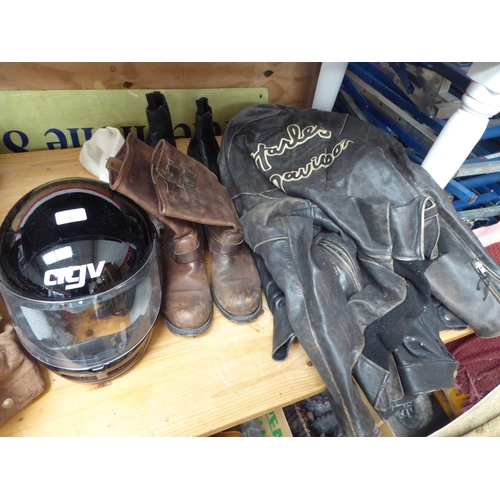 6 - Two motor cycle jackets (one Harley Davidson), Harley motor cycle boots (large), plus a AGV helmet N... 