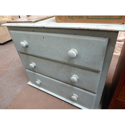 67 - Blue painted pine three drawer chest plus contents NB. This lot is at our Peel Road store. READ THE ... 