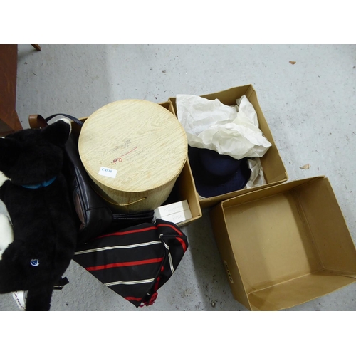 144 - Two boxes containing good selection of hats scarves handbags etc