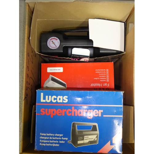 148 - Good box fan heaters tyre compressor battery charger and vintage Stanley bench tool