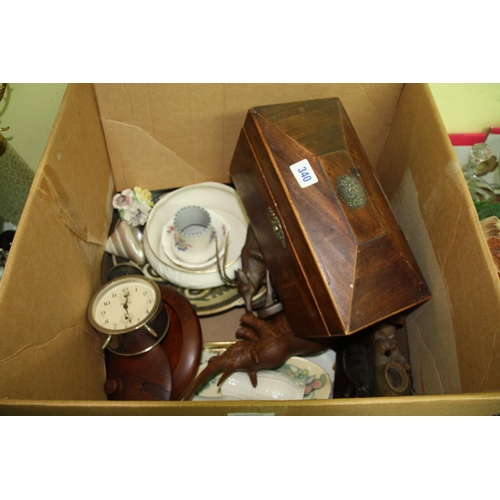 158 - Good box of household items to include carved animals ornaments and wooden tea caddy