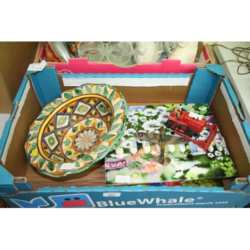 162 - A box containing three hand painted tiles a decorative bowl plus two models