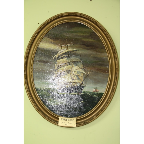 173 - Leclere, 'Ships' Built Ramsey1865 and London 1893, Oils on Panels, Oval framed, Height 12ins approx