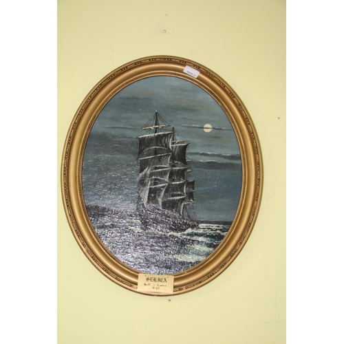 173 - Leclere, 'Ships' Built Ramsey1865 and London 1893, Oils on Panels, Oval framed, Height 12ins approx