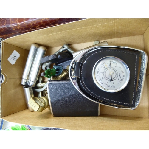 125 - Box of kettle weights, hip flasks, barometer, bridle bits