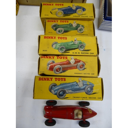 13 - Four boxed Dinky racing cars including Ferrari No. 23H, Cooper-Bristol No. 23G, HWN No. 23J, Maserat... 