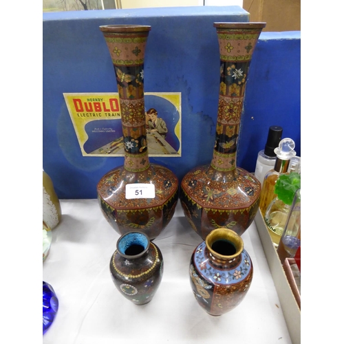 51 - A pair of trumpet shaped cloisonne vases plus two