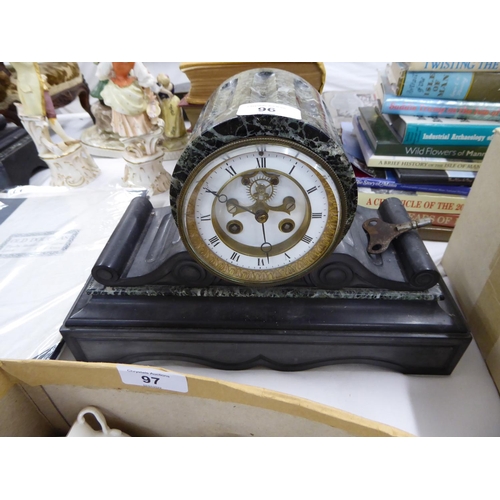 96 - Heavy slate and marble mantel clock, chiming on a bell