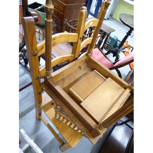 182 - A pair of Pine kitchen chairs, wicker picnic basket plus a chess table