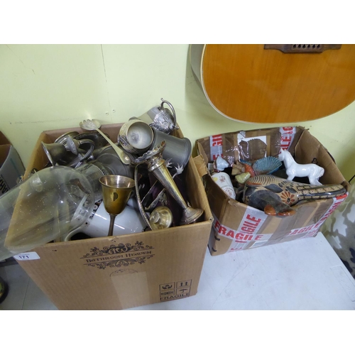 171 - Two boxes of ornaments crockery and metalware