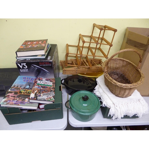 194 - A large collection of books kitchen pans plate stands material etc