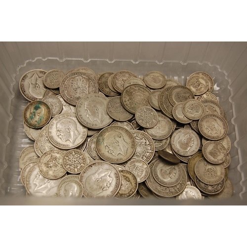 219 - Large tub of pre 1947 British silver coinage - wt. 790 grammes