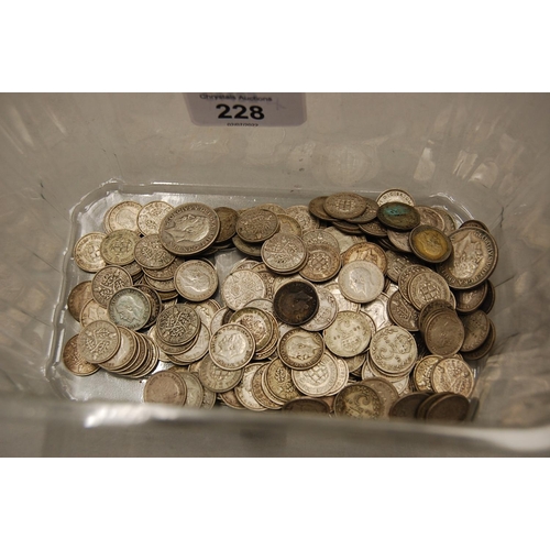 228 - Tub of pre 1947 silver coins including a Victorian 1889 crown - wt. 386 grammes