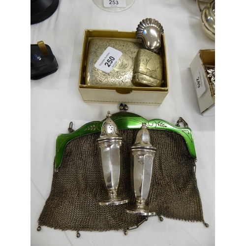 250 - Silver salt and pepper, Art Deco chain mail handbag etc.