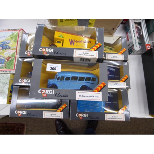 309 - Seven Corgi classics - Lorries - all boxed together with a Bedford coach