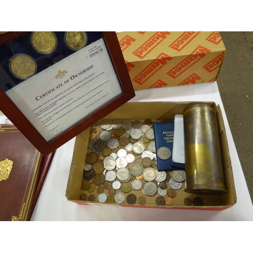 345 - A collection of coins, medallions and a WW1 shell case