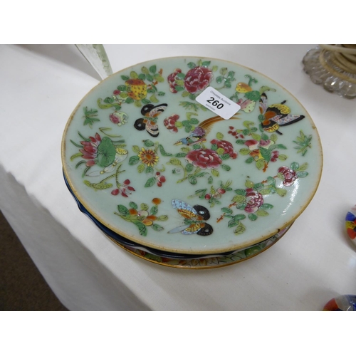 260 - Chinese Celadon floral decorated plate plus two