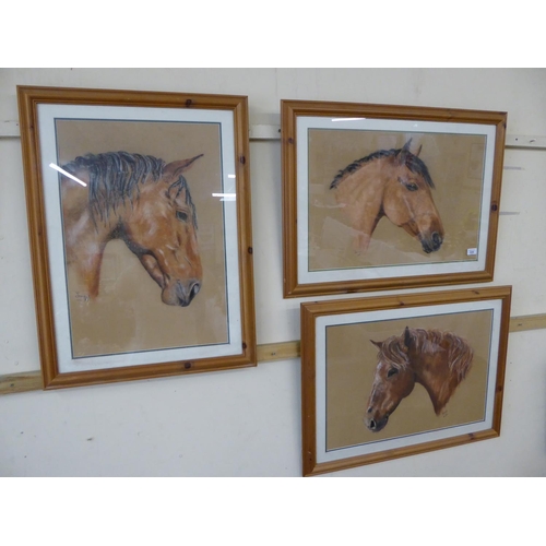 335 - Collection of chalks and prints - pictures of horses plus a mirror and a Batik