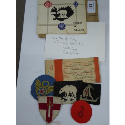 331 - Gunner Kelly GA Christmas card and badges from Iceland WWII