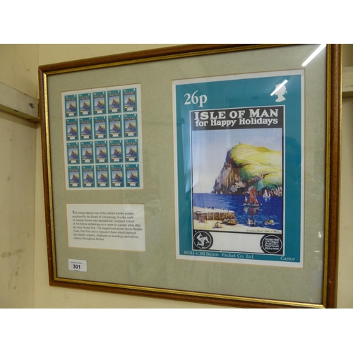 301 - Framed block of Isle of Man stamps and Steam Packet poster