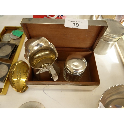 19 - Silver box, cream jug, preserve spoon and jar