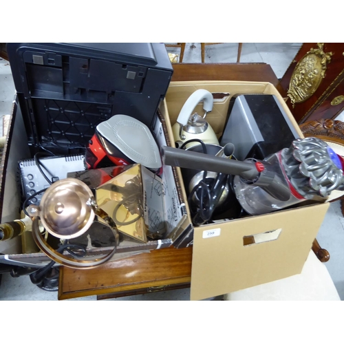 259 - Two boxes of kitchen items including coffee machine, kettles, Dyson vacuum cleaner etc