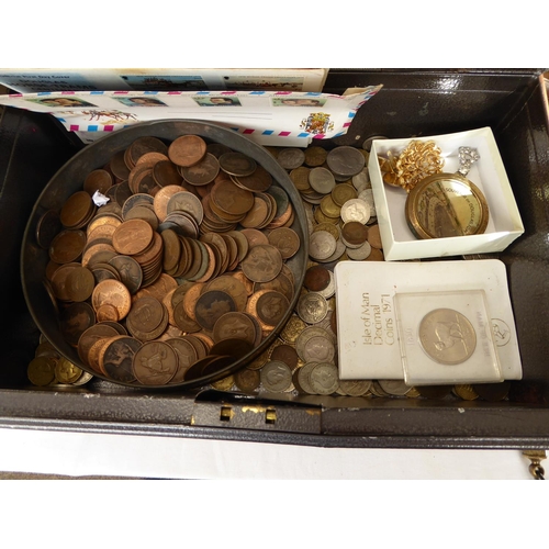 7 - Deed box containing mostly British pre-decimal coins etc