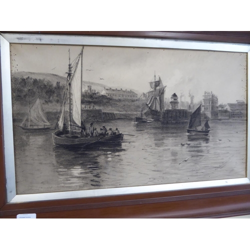 90 - J H Butterworth, The Red Pier Douglas, charcoal monochrome, signed, 15 X 22ins together with a paint... 