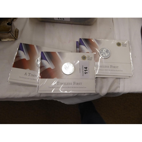 114 - Six Royal mint 2013 £20 fine silver coins in packets