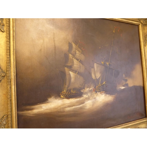 131 - Constant A Riyn, Sea Battle, oil on canvas, indistinctly signed, 19 x 24 ins