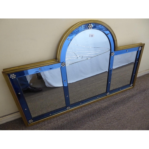 133 - A good quality late Victorian arched blue and clear glass over mantel mirror (unfortunately damaged)