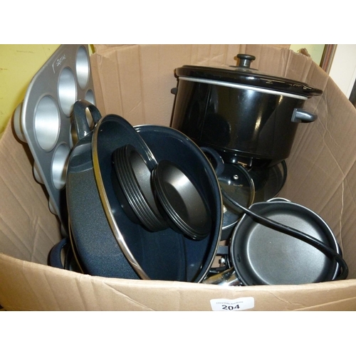 204 - Box of hardly used kitchen pans, etc