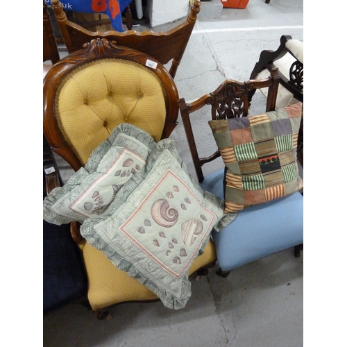 303 - Spoon back nursing chair with gold button back upholstery plus another chair and cushions