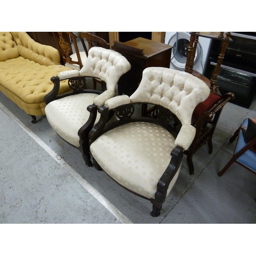 313 - Pair of arm chairs with carved supports with silver button upholstery