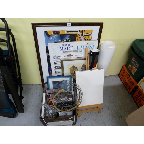 323 - Collection of pictures, easel and a box of assorted items