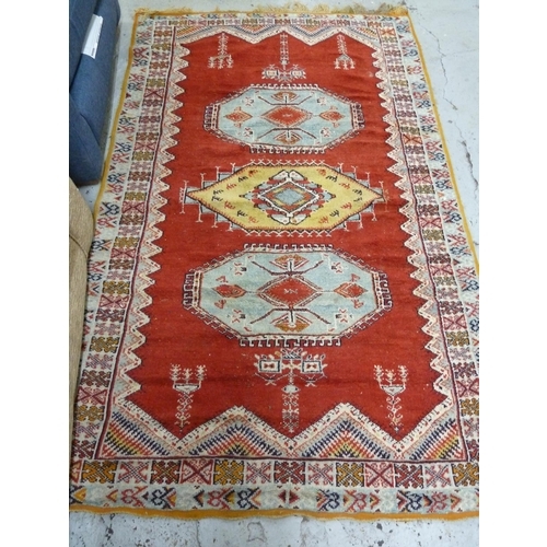 319 - Morocco carpet in mostly Red, beige and blue wools - size 5ft 2ins X 8ft 7ins thrill only to one end