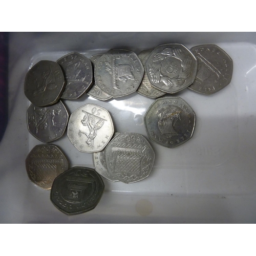 290 - Four punnets of coins including Isle of Man fifty pence pieces