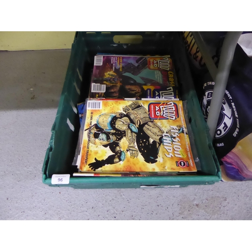 96 - Four large bags and a box of comic books including 2000 AD