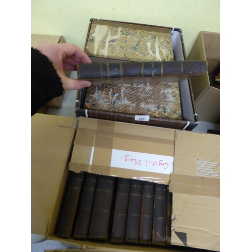 280 - Two boxes of leather spined encyclopedias numerous volumes