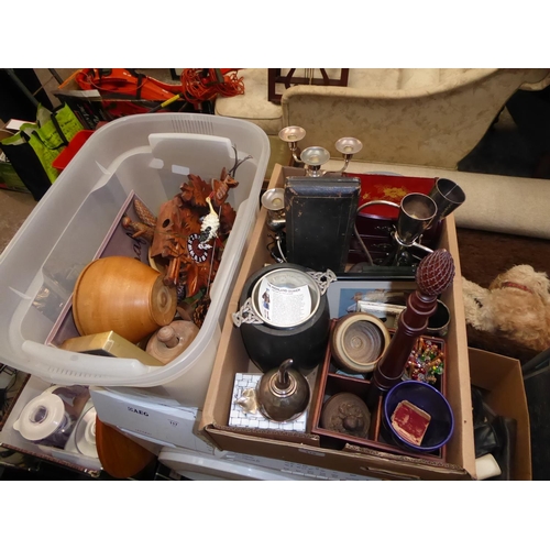 116 - Two  boxes of assorted items including jewellery box, candle sticks, picture frames etc