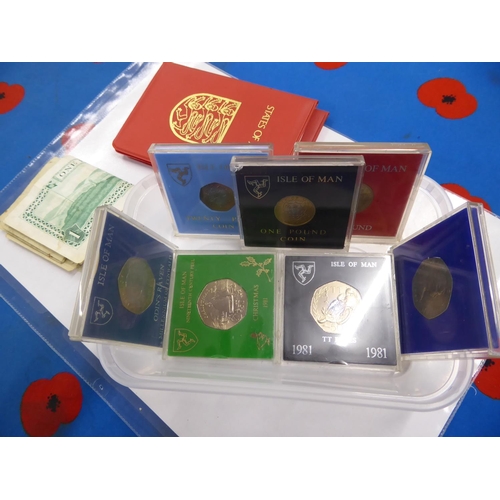 347 - A collection of Isle of Man cased fifty pence pieces £1 coins, 20 pence coin and Jersey £1 coins plu... 