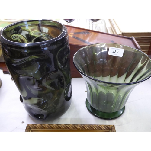 387 - Two green glass vases