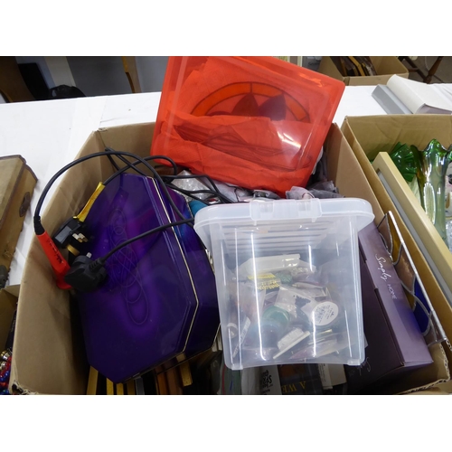 443 - A large box of craft making items, jewellery, stained glass window, tapestry etc