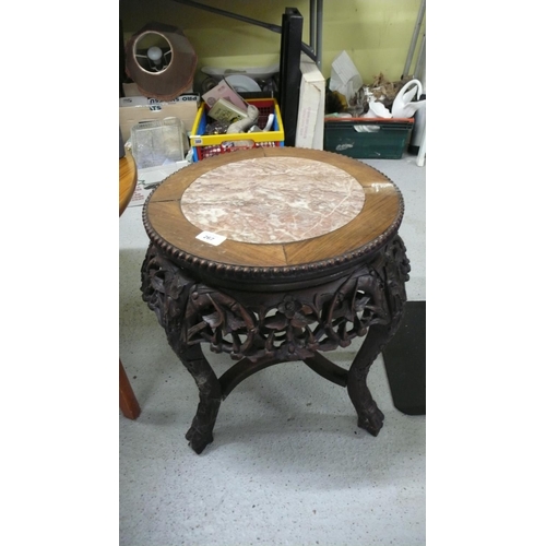 267 - Oriental? hardwood well carved occasional table with marble insert to top