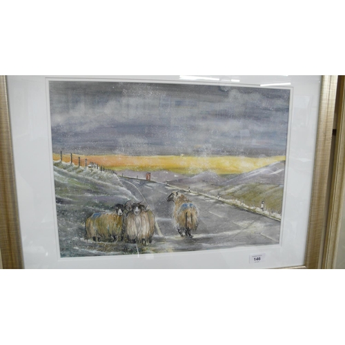 146 - Pamela Jacobsen, Sheep on the Mountain road winter, watercolour, signed, 14 x 18 ins approx