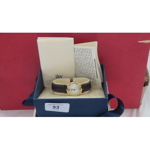 53 - Raymond Weil ladies watch with leather strap in box with papers